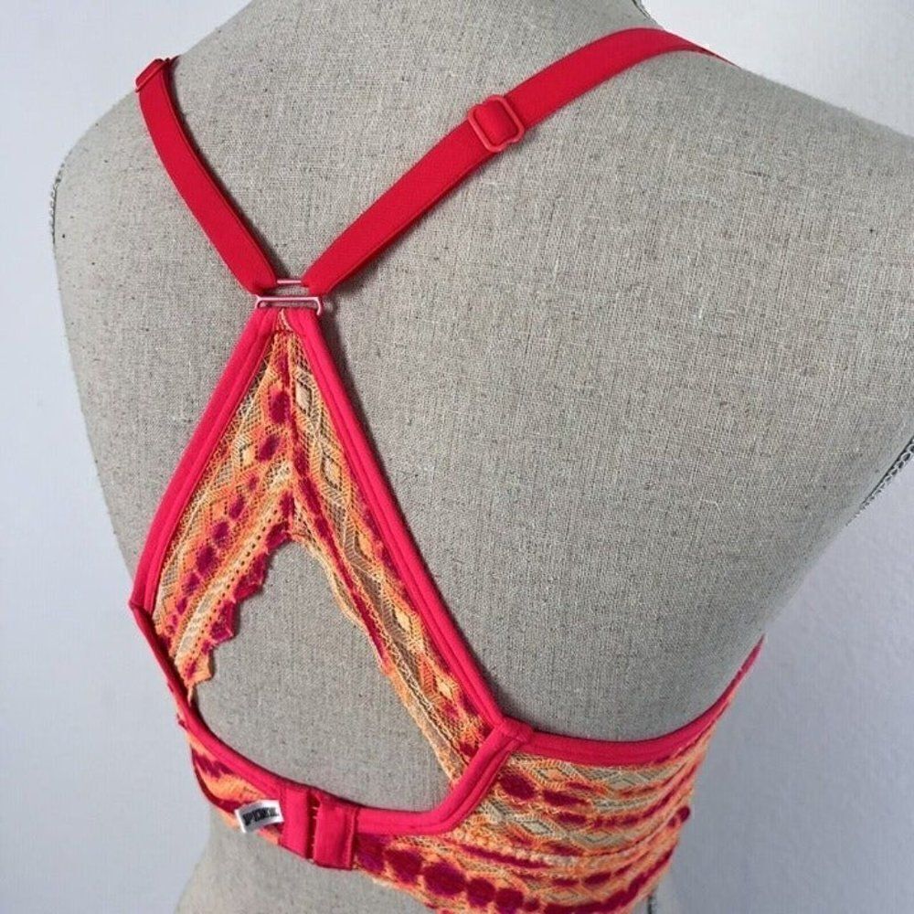 Pink By Victoria's Secret Orange & Pink Lace Tie Dye Racerback Padded Bra Medium - Picture 8 of 12